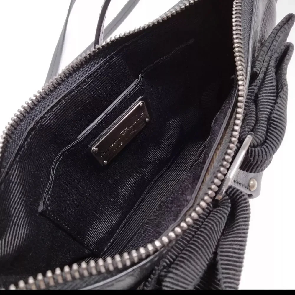 Auth Salvator Ferragamo Black Leather Small Studded Crescent Vara Hobo Bag
